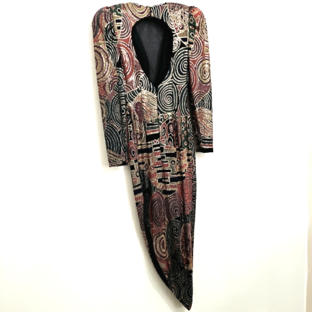 Vintage Cache Metalic Asymmetrical Illusion Plunge Neck Metalic Beaded Maxidress - Picture 13 of 16